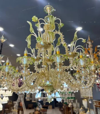 لوستر مدل مورانو 12 شاخه عسلی سبز پودر طلا-یک