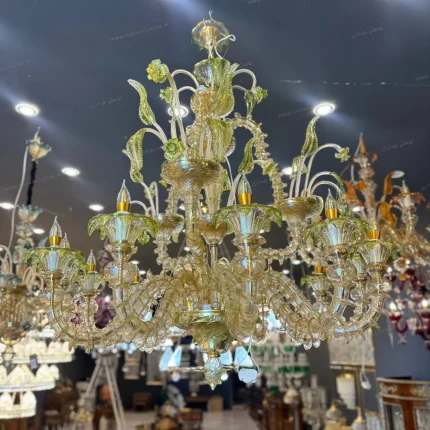 لوستر مدل مورانو 12 شاخه عسلی سبز پودر طلا-یک
