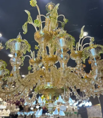 لوستر مدل مورانو 12 شاخه عسلی سبز پودر طلا-دو