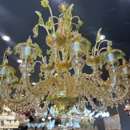 لوستر مدل مورانو 12 شاخه عسلی سبز پودر طلا-دو