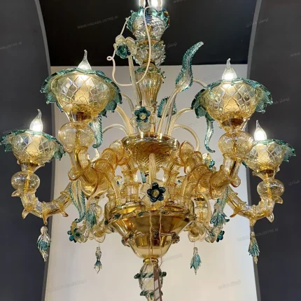 لوستر مدل مورانو 6 شاخه عسلی سبز پودر طلا-یک