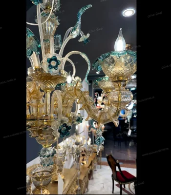 لوستر مدل مورانو 6 شاخه عسلی سبز پودر طلا-دو