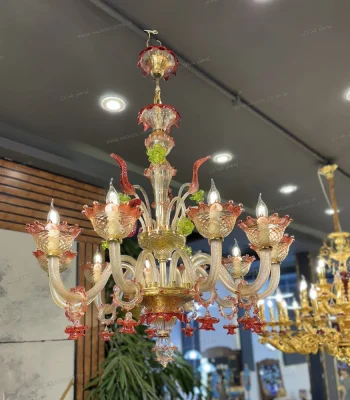 لوستر مدل مورانو رزا 10 شاخه عسلی قرمز سبز-دو