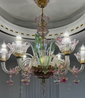 لوستر مدل مورانو رزا 6 شاخه عسلی سبز صورتی-یک