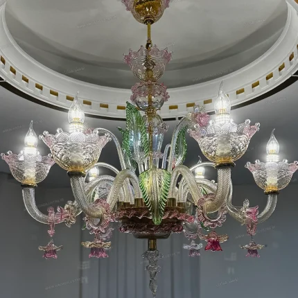 لوستر مدل مورانو رزا 6 شاخه عسلی سبز صورتی-یک