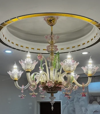 لوستر مدل مورانو رزا 6 شاخه عسلی سبز صورتی-دو