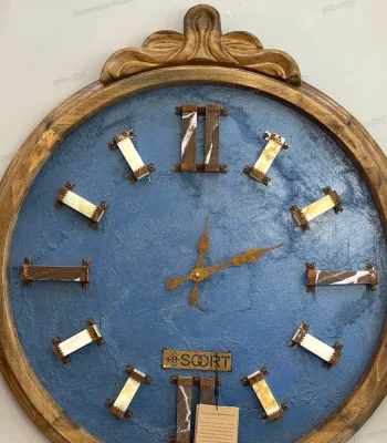 ساعت دیواری چوبی دست ساز و دکوراتیو 60cm آبی