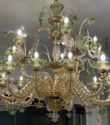 لوستر مدل مورانو رنگ عسلی و سبز پودر طلا سایز 15 شاخه