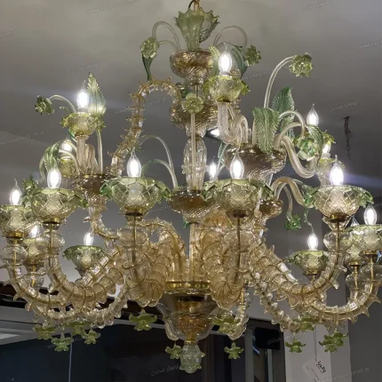 لوستر مدل مورانو رنگ عسلی و سبز پودر طلا سایز 15 شاخه
