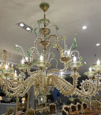 لوستر مورانو مدل اوال رنگ عسلی و سبز پودر طلا سایز 12 شاخه