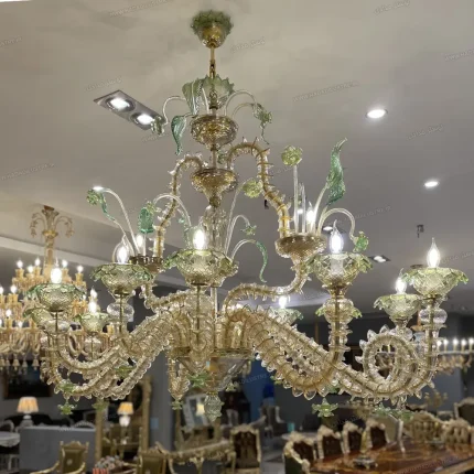 لوستر مورانو مدل اوال رنگ عسلی و سبز پودر طلا سایز 12 شاخه