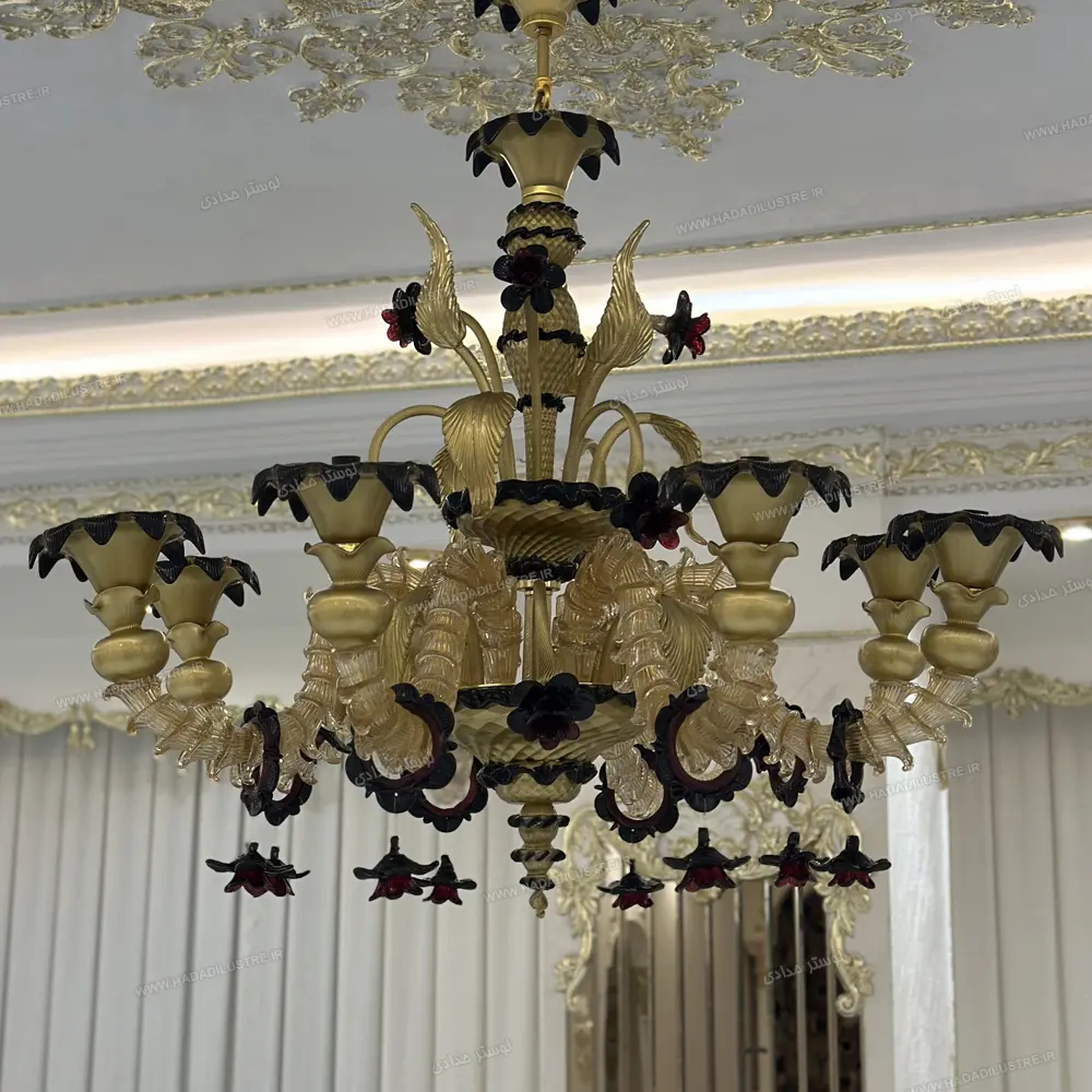 murano-chandelier-gold-black-theme-size-8-branches1 لوستر مدل مورانو تم طلایی مشکی سایز 8 شاخه