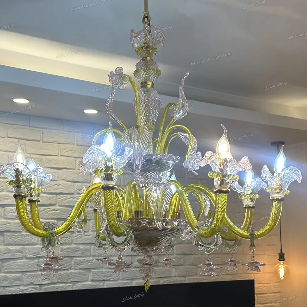 Murano chandelier, phosphor green, pink, 8 branches1 لوستر مدل مورانو سبز فسفری صورتی سایز 8 شاخه