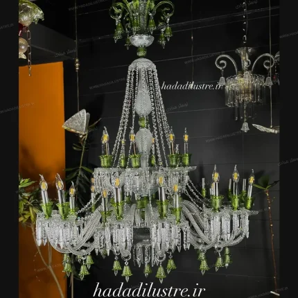 لوستر باکارا سایز 32 شاخه تلفیق رنگ سفید کلیر و سبز